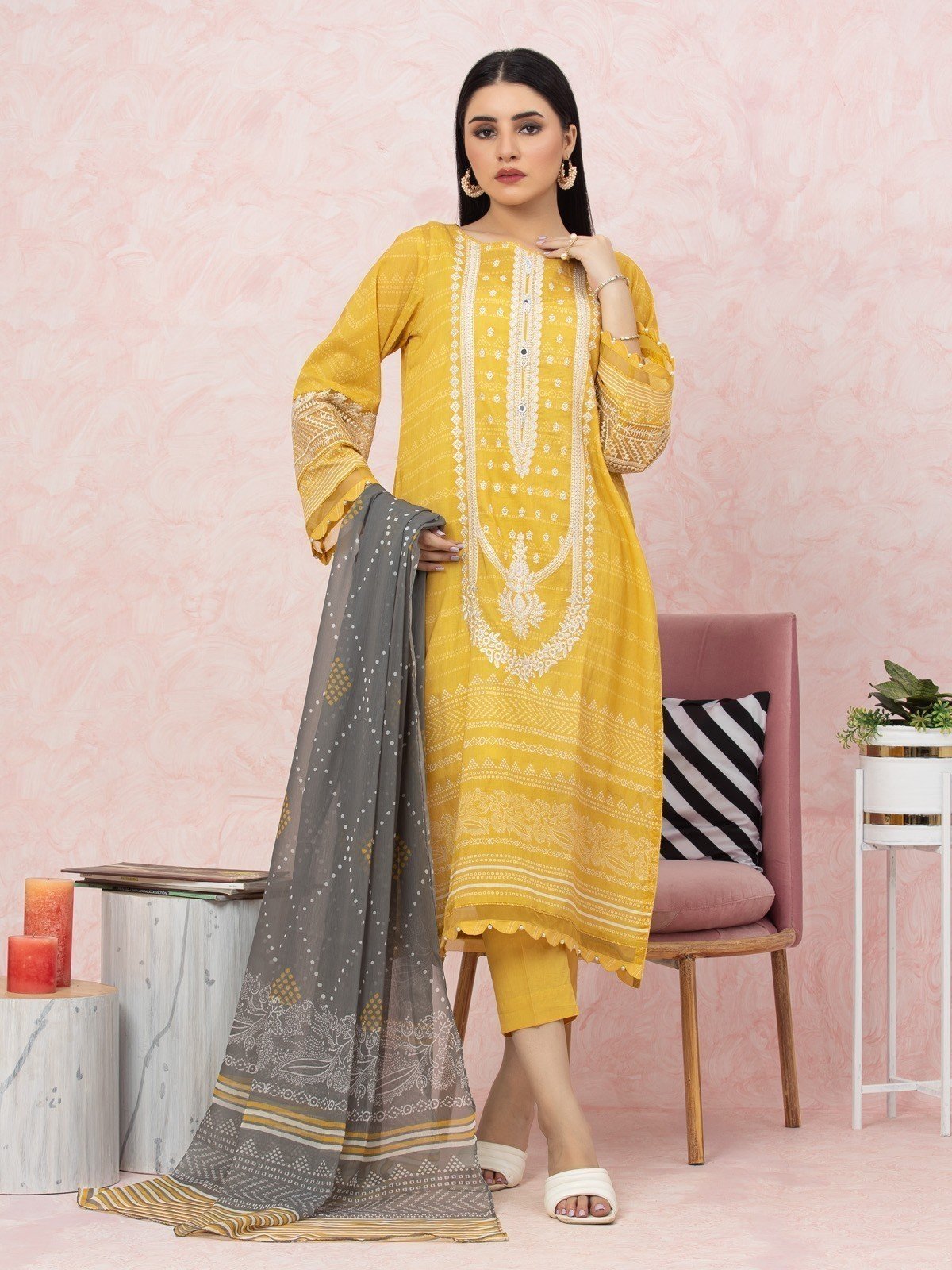 EWU22V1-26548 Unstitched Yellow Embroidered Lawn 3 Piece