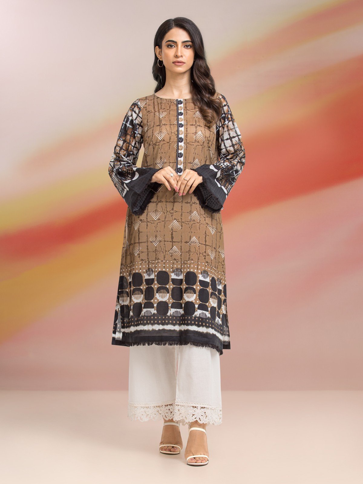 EWU23A1-28001S Unstitched Light Brown Printed Lawn 1 Piece